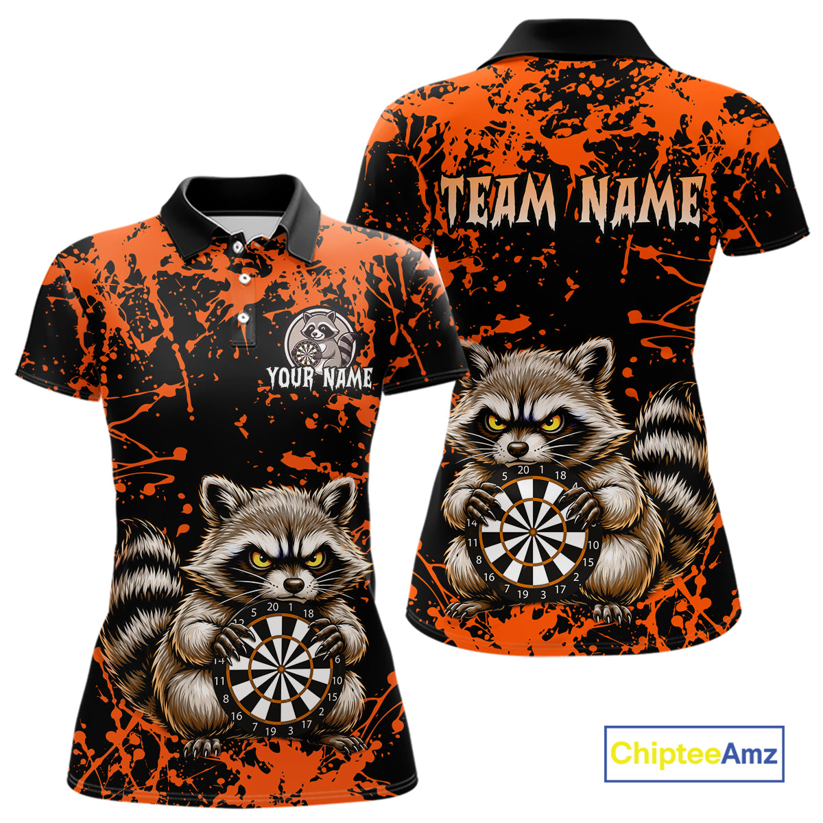 Custom Orange Raccoon Funny Dart Shirt Dart Team Jersey for Women Dartboard Polo & 1/4 Zip Shirts NNT170