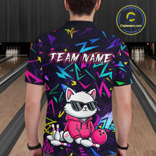Load image into Gallery viewer, Man wearing a black bowling polo with neon geometric patterns, custom team text, and a white cat mascot in sunglasses holding a pink bowling ball.