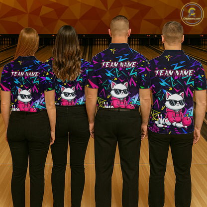 Four people wearing black bowling polo with neon geometric patterns, custom team text, and a white cat mascot in sunglasses holding a pink bowling ball.