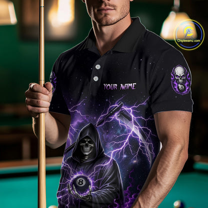 Person wearing a black billiards polo with purple lightning, a hooded grim reaper holding an 8-ball, and custom team and player name text.
