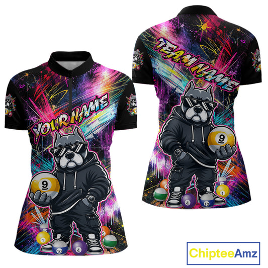 Front and back view personalized billiards quarter zip shirt with a american bully dog holding a nine ball, integrated with colorful streaks and pool ball elements.
