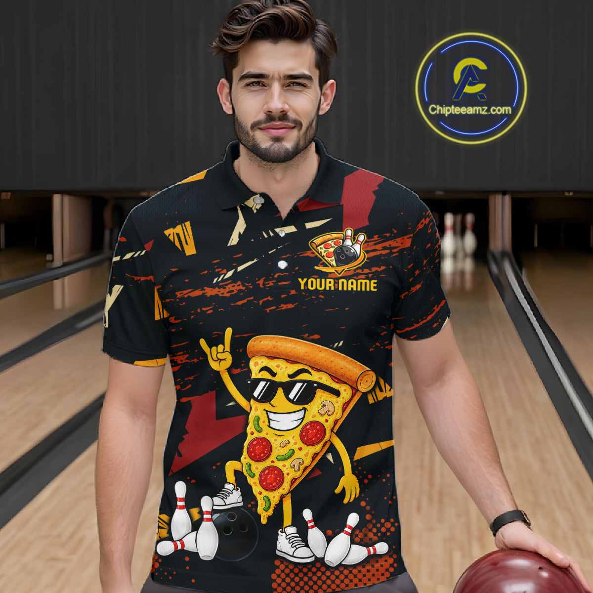 Custom Funny Pizza Bowling Team Shirts Bowling Jersey for Men Polo & 1/4 Zip Bowling League HNT473