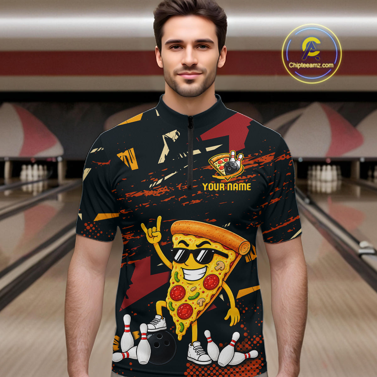 Custom Funny Pizza Bowling Team Shirts Bowling Jersey for Men Polo & 1/4 Zip Bowling League HNT473