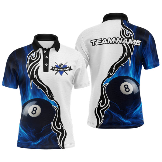 Custom Blue Flame 8 Ball Billiard Shirts for Men Billiard Team Shirts Billiard League Polo & 1/4 Zipper NNT88