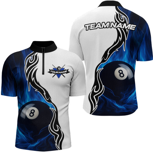 Custom Blue Flame 8 Ball Billiard Shirts for Men Billiard Team Shirts Billiard League Polo & 1/4 Zipper NNT88