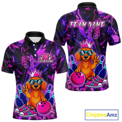 Front and back views of a black and purple bowling polo shirt featuring a cartoon dachshund wearing sunglasses and a crown, holding a pink bowling ball, with custom team and player name text.