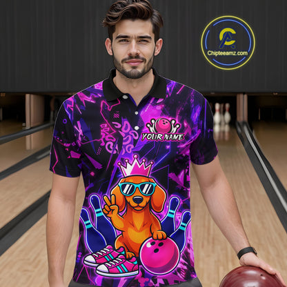 Man wearing a black and purple bowling polo shirt featuring a cartoon dachshund wearing sunglasses and a crown, holding a pink bowling ball, with custom player name text.