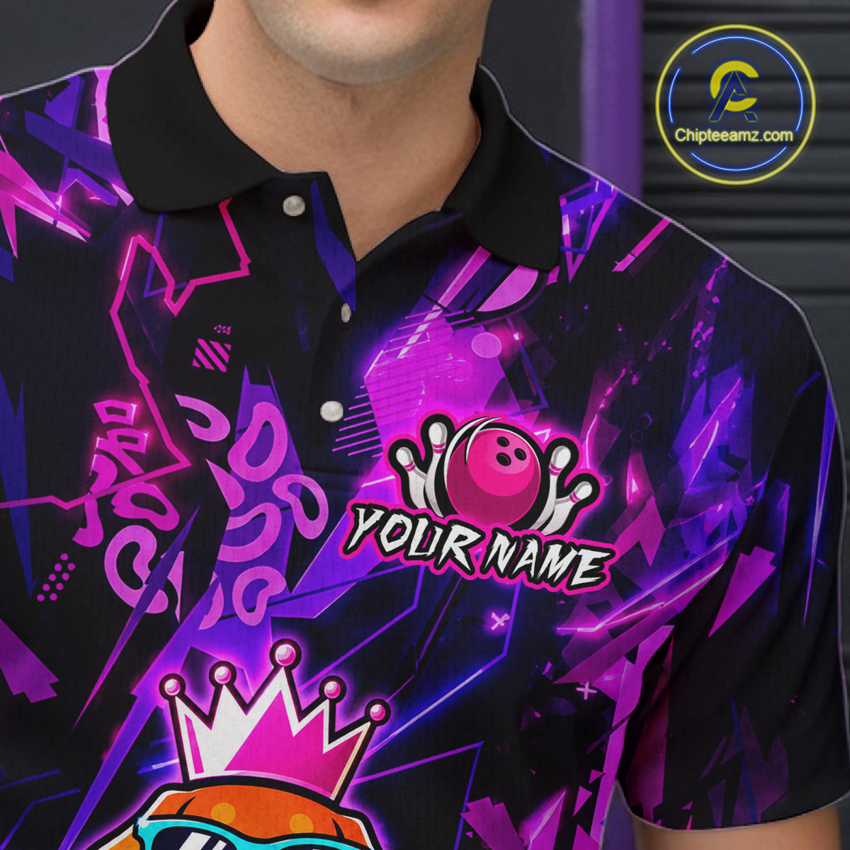 Neon-colored bowling shirt with graphics and text on a dark background