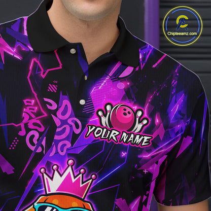 Neon-colored bowling shirt with graphics and text on a dark background