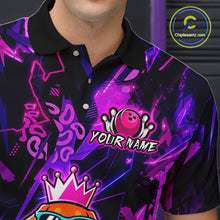 Load image into Gallery viewer, Neon-colored bowling shirt with graphics and text on a dark background