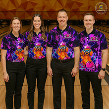 Load image into Gallery viewer, Four people wearing a black and purple bowling polo shirt featuring a cartoon dachshund wearing sunglasses and a crown, holding a pink bowling ball, with custom player name text.