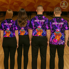 Load image into Gallery viewer, Four people wearing black and purple bowling polo shirt featuring a cartoon dachshund wearing sunglasses and a crown, holding a pink bowling ball, with custom team name text.
