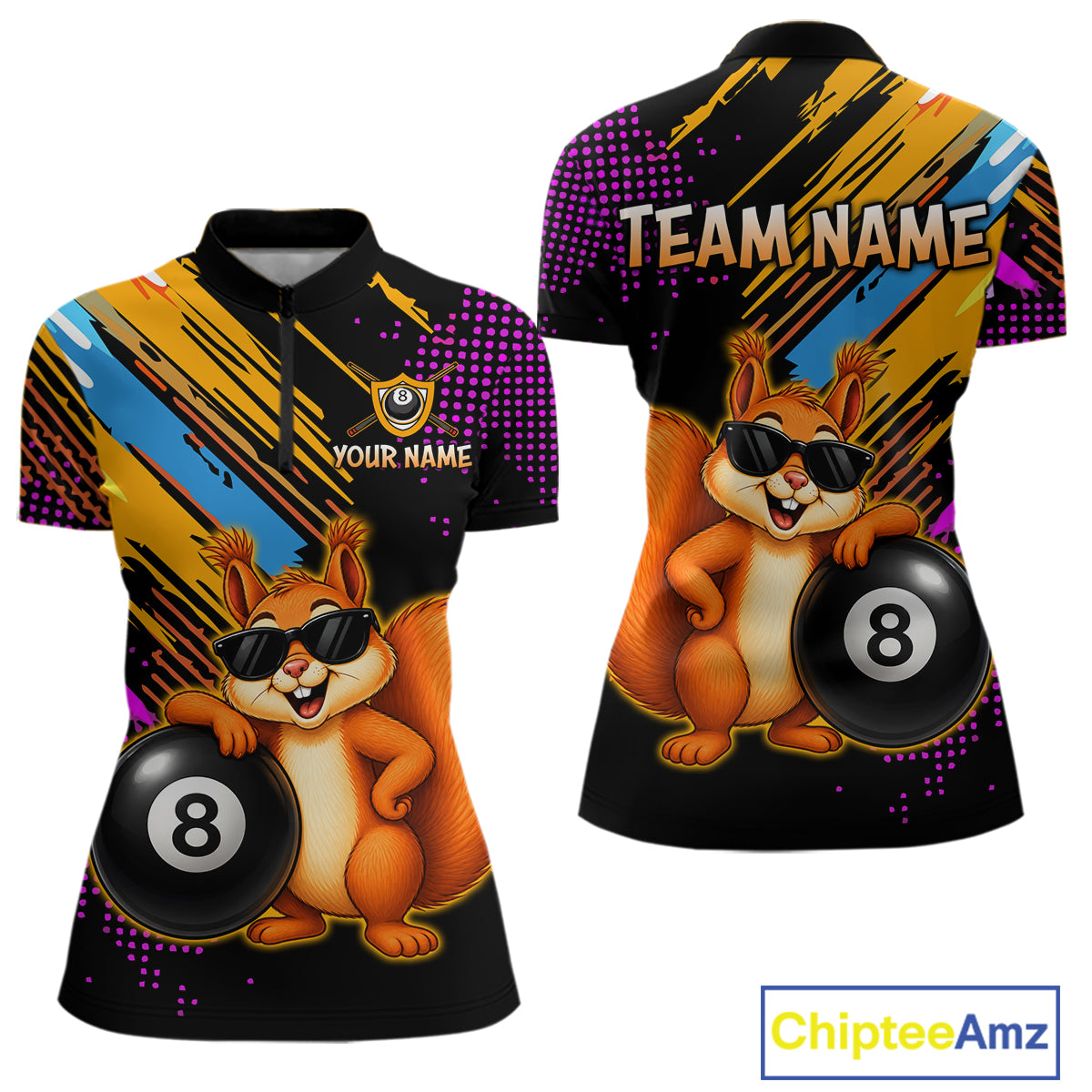 Custom Squirrel 8 Ball Billiard Shirts for Women Billiard Team Jerseys Billiard League Polo & 1/4 Zip NNT285