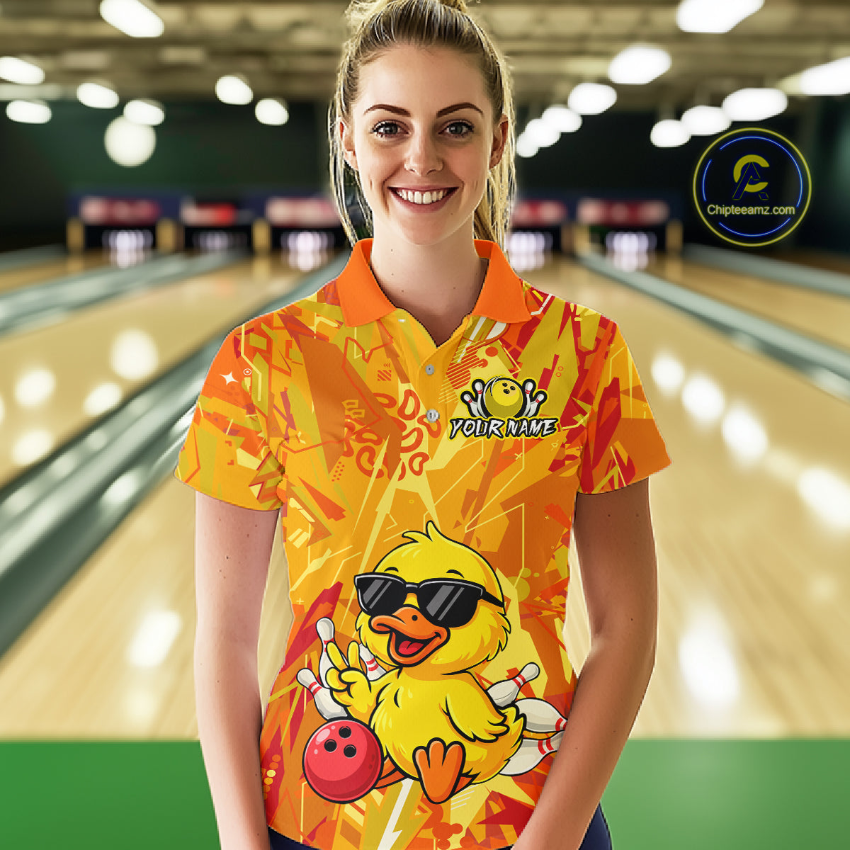 Custom Yellow Funny Duck Bowling Jersey for Women Bowling Uniform Polo & 1/4 Zip Bowling Team Shirts HNT236