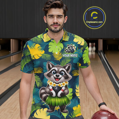 Man wearing a tropical bowling polo featuring a smiling raccoon mascot in a grass skirt, leafy patterns, bowling pins, and custom your name text.