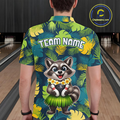 Man wearing a tropical bowling polo featuring a smiling raccoon mascot in a grass skirt, leafy patterns, bowling pins, and custom team name text.