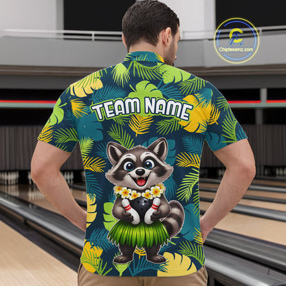 Man wearing a tropical bowling quarter zip featuring a smiling raccoon mascot in a grass skirt, leafy patterns, bowling pins, and custom team name text.