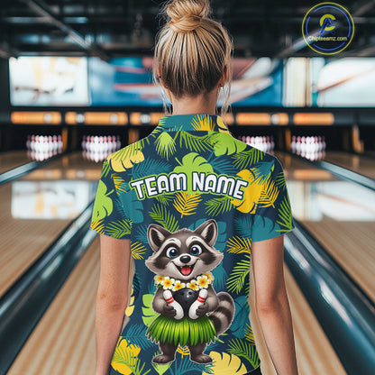 Woman wearing a tropical bowling quarter zip featuring a smiling raccoon mascot in a grass skirt, leafy patterns, bowling pins, and custom team name text.