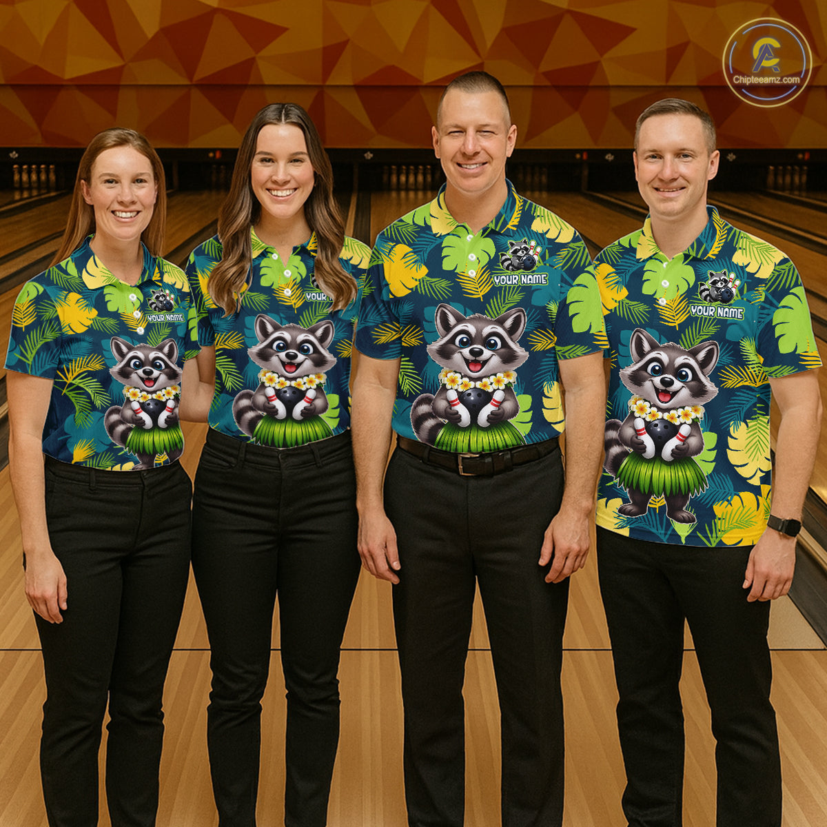 Four people wearing tropical bowling quarter zip featuring a smiling raccoon mascot in a grass skirt, leafy patterns, bowling pins, and custom your name text.