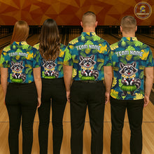 Load image into Gallery viewer, Four people wearing tropical bowling polo featuring a smiling raccoon mascot in a grass skirt, leafy patterns, bowling pins, and custom team name text.