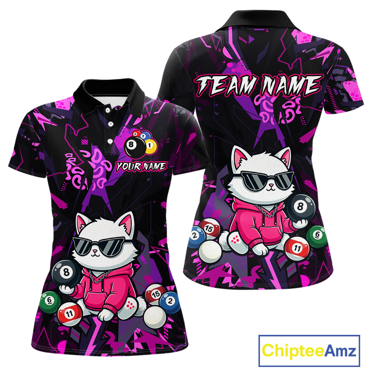 Custom Pink Cat Funny 8 Ball Pool Shirts Billiard Shirt for Women Billiard Team Jersey League NNT175