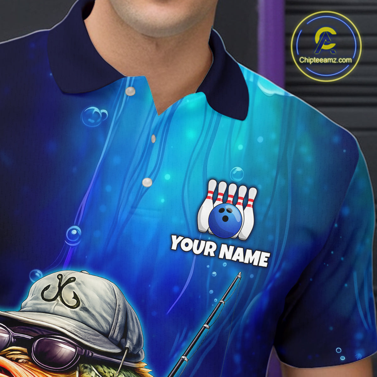 Blue polo shirt with bowling design and 'Your Name' text, featuring a brand logo in the corner.