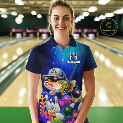 Woman wearing an underwater-themed bowling polo featuring a fish mascot wearing sunglasses and a cap, colorful coral reefs, bowling pins, bowling balls, and custom your name text.