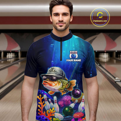 Man wearing an underwater-themed bowling quarter zip featuring a fish mascot wearing sunglasses and a cap, colorful coral reefs, bowling pins, bowling balls, and custom your name text.