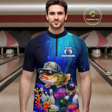 Load image into Gallery viewer, Man wearing an underwater-themed bowling quarter zip featuring a fish mascot wearing sunglasses and a cap, colorful coral reefs, bowling pins, bowling balls, and custom your name text.