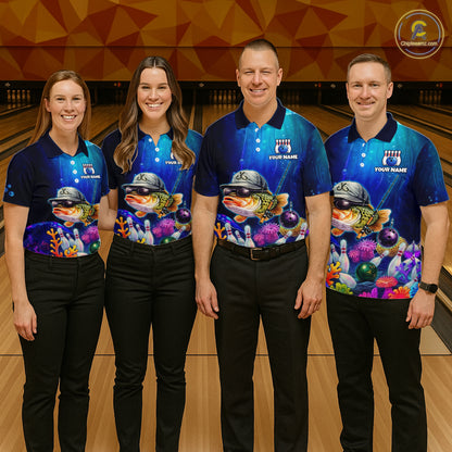 Four people wearing underwater-themed bowling polo featuring a fish mascot wearing sunglasses and a cap, colorful coral reefs, bowling pins, bowling balls, and custom your name text.