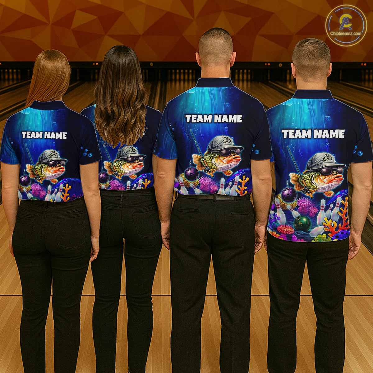 Four people wearing underwater-themed bowling polo featuring a fish mascot wearing sunglasses and a cap, colorful coral reefs, bowling pins, bowling balls, and custom team name text.