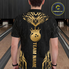 Load image into Gallery viewer, Men wearing personalized bowling polo shirt with a crowned bowling ball centered among geometric gold patterns across a black layout.