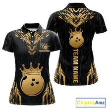 Load image into Gallery viewer, Front and back view personalized bowling polo shirt with a crowned bowling ball centered among geometric gold patterns across a black layout.