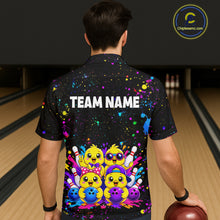 Load image into Gallery viewer, Men wearing personalized bowling hawaiin shirt with cartoon chicks holding bowling balls, framed by pins and colorful paint patterns on a black layout.