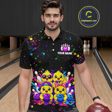 Load image into Gallery viewer, Men wearing personalized bowling polo shirt with cartoon chicks holding bowling balls, framed by pins and colorful paint patterns on a black layout.
