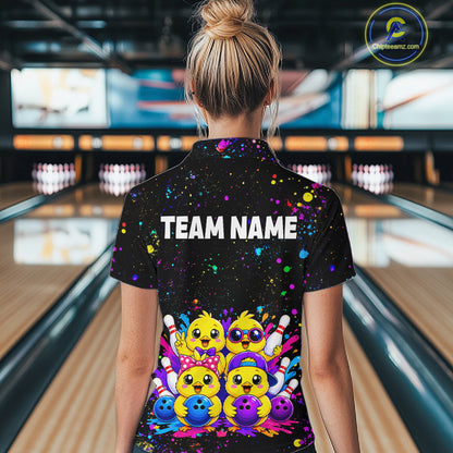 Women wearing personalized bowling polo shirt with cartoon chicks holding bowling balls, framed by pins and colorful paint patterns on a black layout.