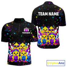 Load image into Gallery viewer, Front and back view personalized bowling quarter zip shirt with cartoon chicks holding bowling balls, framed by pins and colorful paint patterns on a black layout.