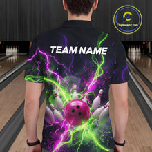 Load image into Gallery viewer, Men wearing personalized bowling polo with pink ball, scattered pins, neon lightning, team name, and player name on black background