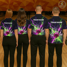 Load image into Gallery viewer, Four people wearing personalized bowling polo with pink ball, scattered pins, neon lightning, team name, and player name on black background