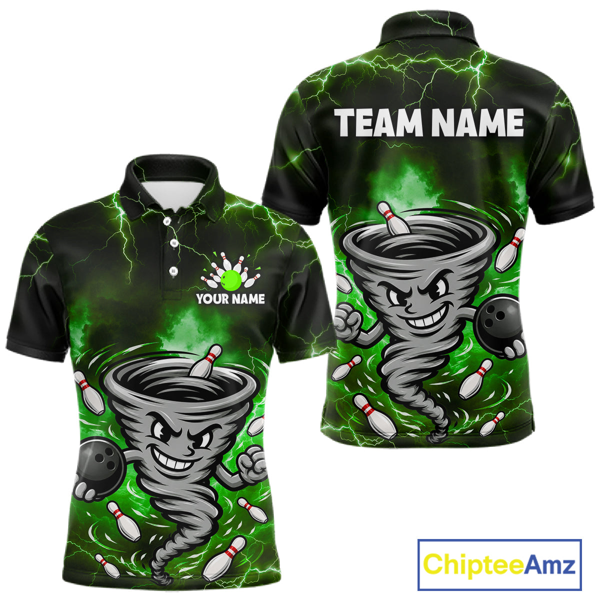 Custom Green Thunder Lightning Tornado Bowling Jersey for Men Bowling Team Shirts Polo & 1/4 Zip HNT477