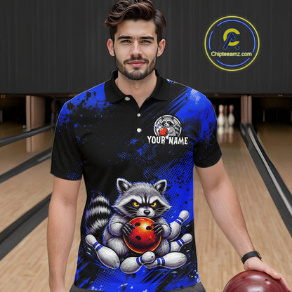 Blue Funny Raccoon Custom Bowling Jersey for Men Bowling Team Shirts Bowling Polo & 1/4 Zip HNT489