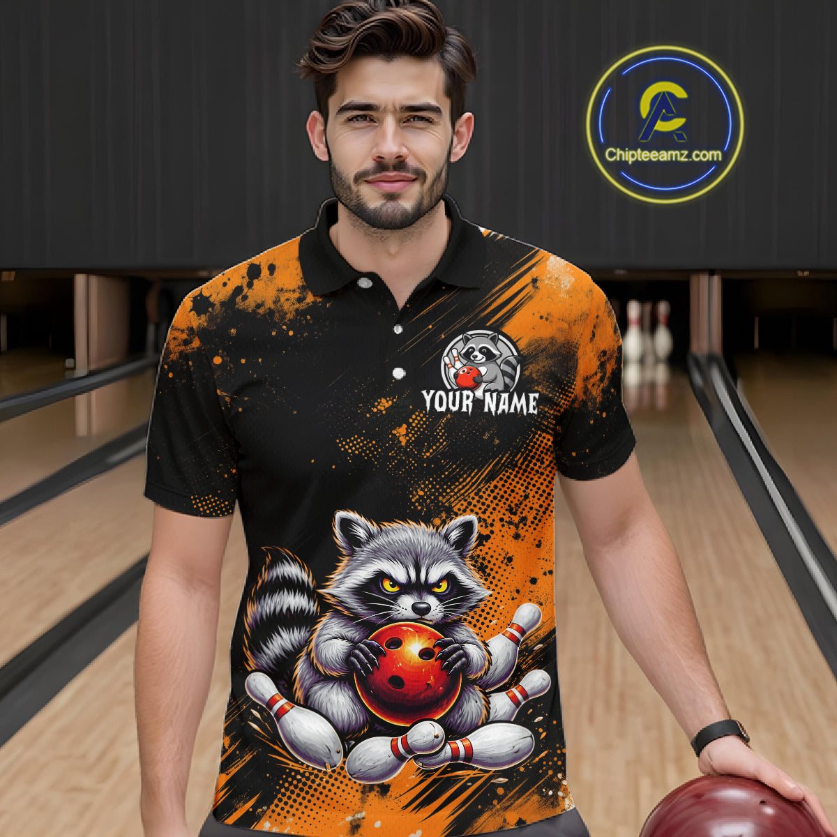 Orange Funny Raccoon Custom Bowling Jersey for Men Bowling Team Shirts Bowling Polo & 1/4 Zip HNT489