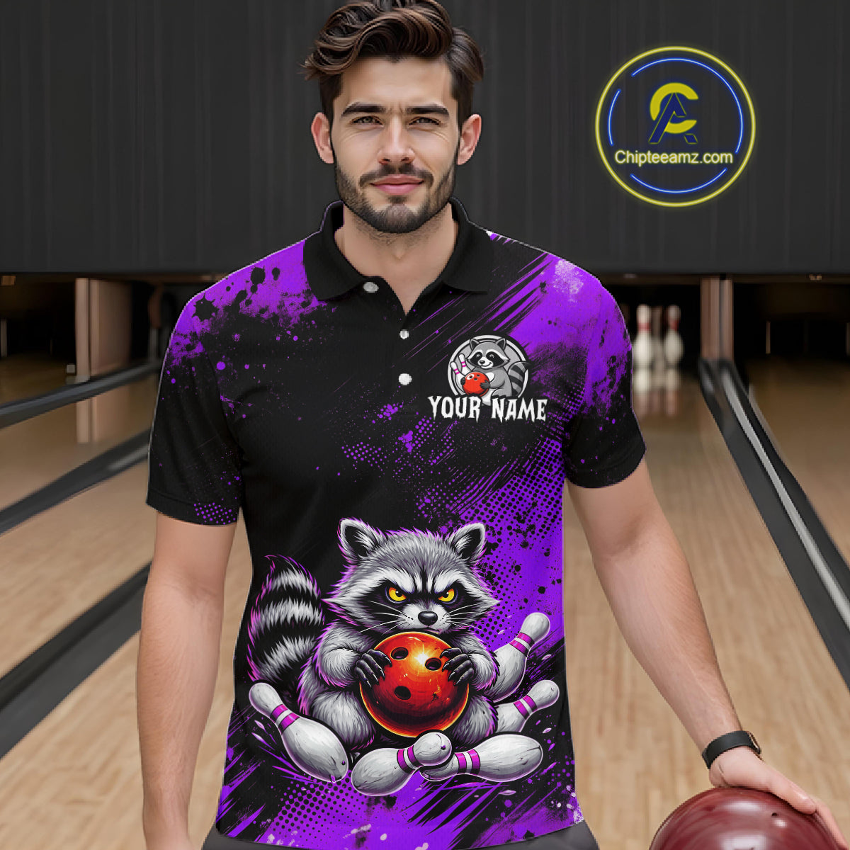 Purple Funny Raccoon Custom Bowling Jersey for Men Bowling Team Shirts Bowling Polo & 1/4 Zip HNT489
