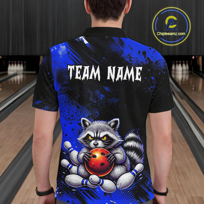 Blue Funny Raccoon Custom Bowling Jersey for Men Bowling Team Shirts Bowling Polo & 1/4 Zip HNT489