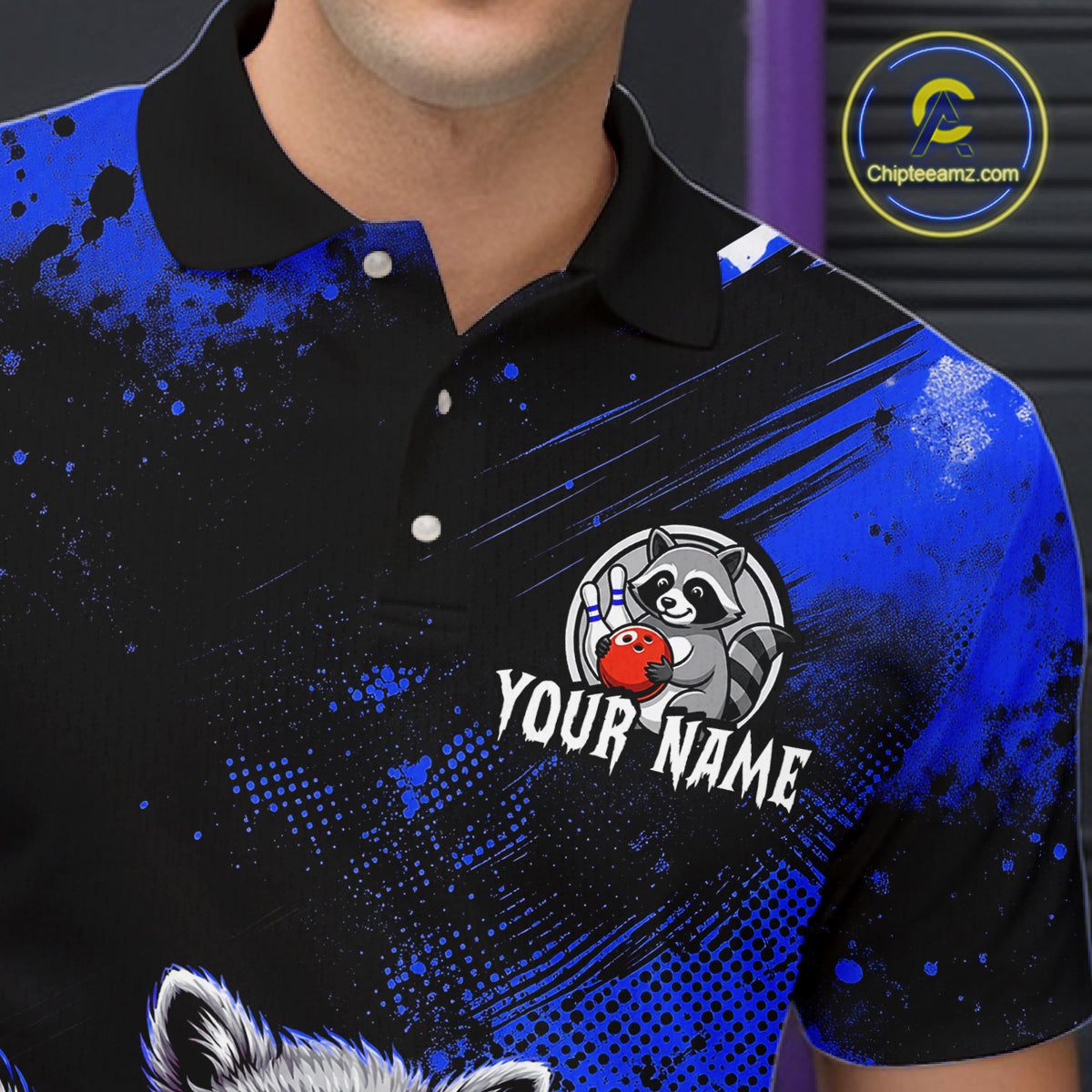 Blue Funny Raccoon Custom Bowling Jersey for Men Bowling Team Shirts Bowling Polo & 1/4 Zip HNT489