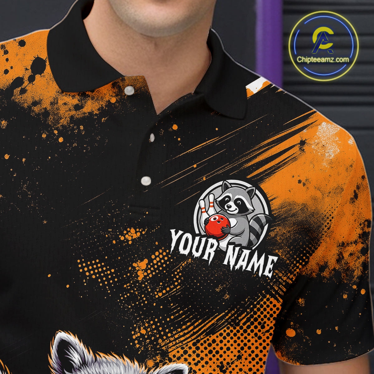 Orange Funny Raccoon Custom Bowling Jersey for Men Bowling Team Shirts Bowling Polo & 1/4 Zip HNT489