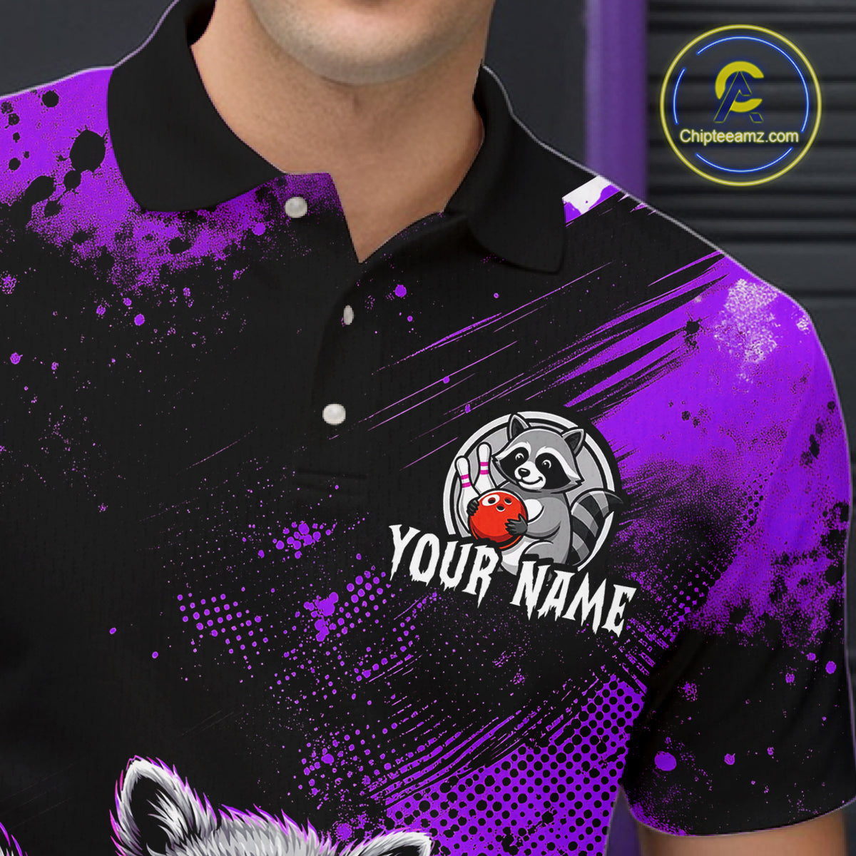 Purple Funny Raccoon Custom Bowling Jersey for Men Bowling Team Shirts Bowling Polo & 1/4 Zip HNT489