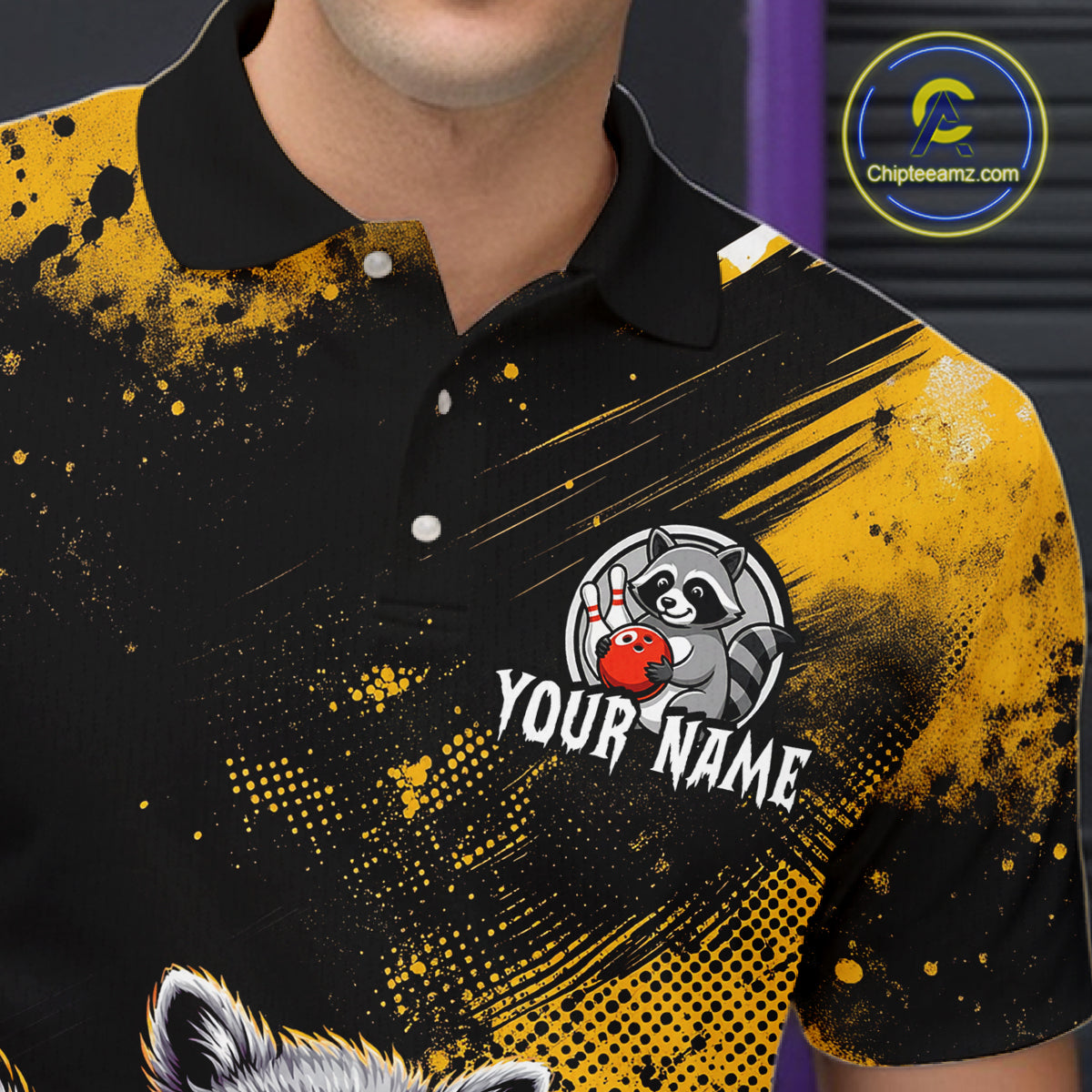 Yellow Funny Raccoon Custom Bowling Jersey for Men Bowling Team Shirts Bowling Polo & 1/4 Zip HNT489