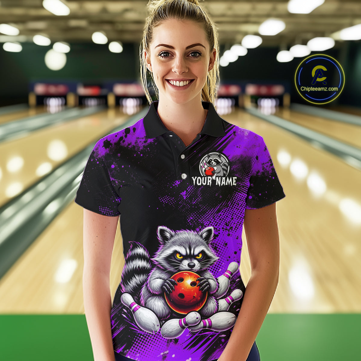Purple Funny Raccoon Custom Bowling Jersey for Women Bowling Team Shirts Bowling League Polo & 1/4 Zip HNT489
