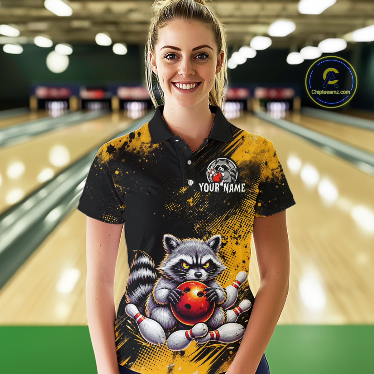 Yellow Funny Raccoon Custom Bowling Jersey for Women Bowling Team Shirts Bowling League Polo & 1/4 Zip HNT489